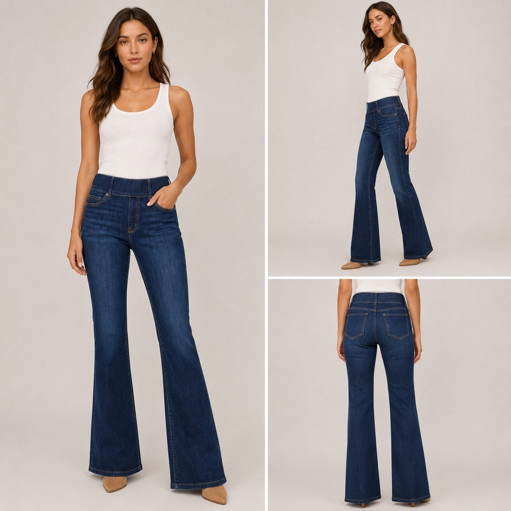 Spanx Flare Jeans Large Tall Midnight Shade Blue Pull On 20327T